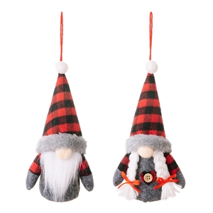 Glow-in-the-dark Christmas gnomes with red and black buffalo plaid hats for tree decoration