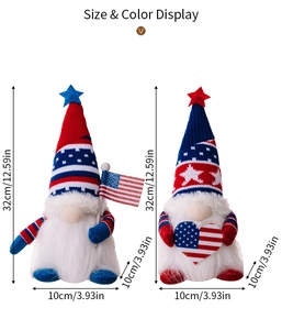 Detaillierte Maße der patriotischen Gnom-Plüschfigur mit US-Flaggen-Design und LED