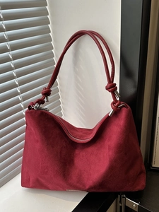 Women Large Capacity Suede-like PU Leather Shoulder Bag Vintage Minimalist Tote Bag Casual Crossbody Bag Knot Strap Letter Label