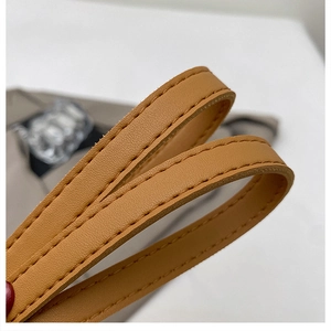 Close-up of brown leather bag strap with detailed double stitching and smooth edges