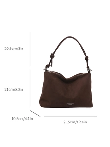 Deep brown large capacity faux suede shoulder bag with knot strap and retro letter tag