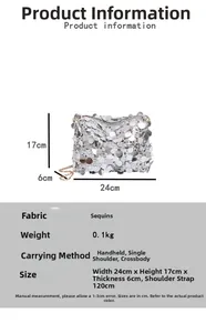 Detailed specs of silver sequin evening bag with gold chain and 24x17x6cm dimensions