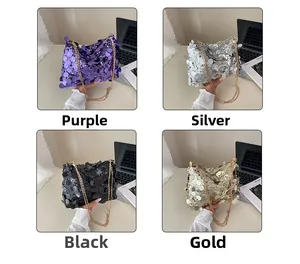 Detailed view of sequin chain bags in purple, silver, black, and gold color options