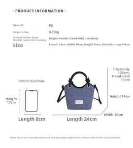 Borsa a secchiello in PU blu confronto taglie con dimensioni 24x10x14cm e peso 0,18kg