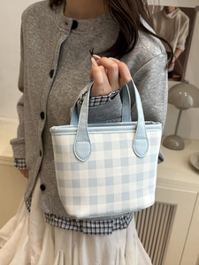 Blue and white plaid tote bag with light blue leather handles for casual daily wear