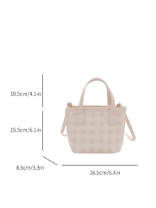 Mini plaid tote bag with top handle and shoulder strap showing dimensions 16.5cm width