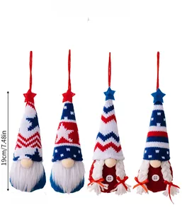 Close-up of four patriotic gnomes with red, white, and blue knit hats and star accents