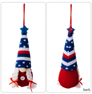 Detail view of American flag gnome pendants showing red striped knit hats and white braids