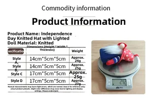 Size chart showing knitted patriotic gnome dimensions 14-17cm with light for Independence Day