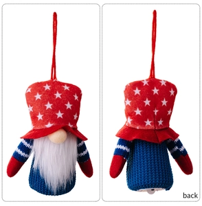 Front and back detail of American flag themed gnome plush with LED light and red hanging rope