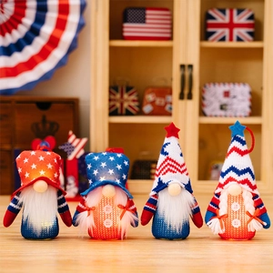 Set of four patriotic gnomes with LED lights, featuring American flag patterns on wood