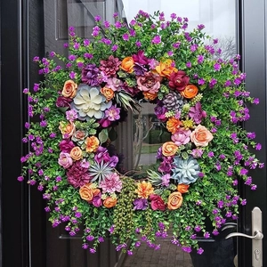 Easter Spring Summer Wreath Artificial Flower Door Hanging Decoration Rustic Farmhouse Wreath With Cross Burlap Bow Ornament