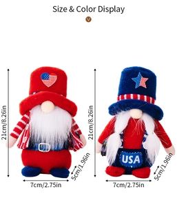 Size chart showing dimensions for a pair of patriotic USA themed gnome plush decorations