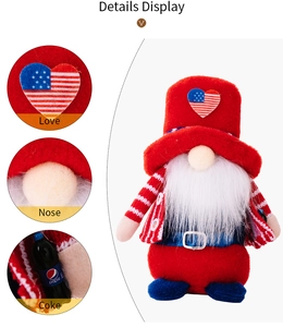 Detailed view of patriotic Independence Day gnome showing love patch, nose and accessory