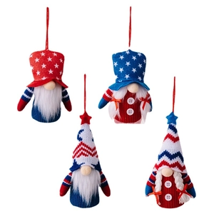 Set of four patriotic American Independence Day gnome plush ornaments with hanging strings