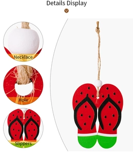 Detail showing watermelon flip-flop wooden pendant with hemp rope and decorative bead