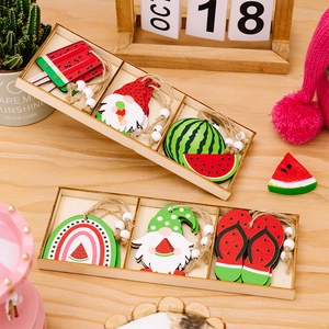 Watermelon theme wooden gnome pendants with beads and twine in a 3-grid storage box