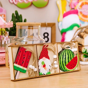 Summer gnome and watermelon wooden pendants set with twine in a 3-compartment storage box