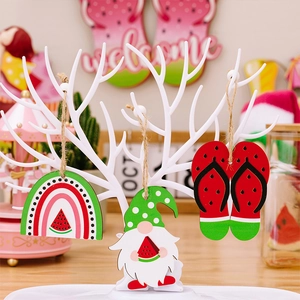 Detail of wooden summer ornaments with watermelon gnome, rainbow and flip-flops with jute rope