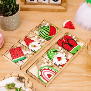 Summer gnome watermelon wooden ornaments set with hanging ropes in a gift tray