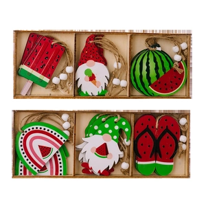 Watermelon gnome wooden ornaments set in a wooden box with twine and white beads