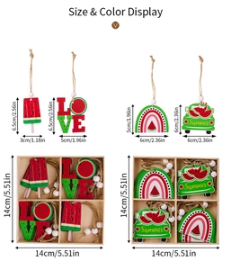 Detail of wooden summer watermelon pendants with LOVE letters and rainbow motifs