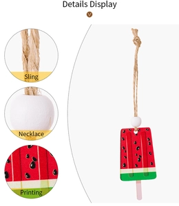 Detail display of wooden watermelon popsicle pendant with hemp rope and white bead accent