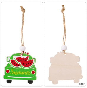 Detail of wooden summer car pendant featuring watermelon patterns and back view