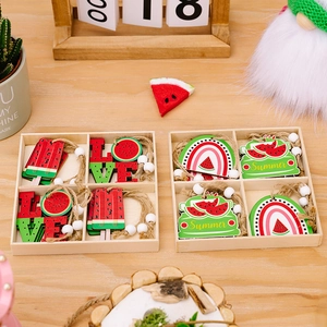 Watermelon wooden pendant set with summer motifs in a wooden box with twine and white beads
