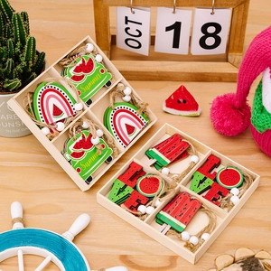 Summer wooden watermelon hanging ornaments set with rainbow and car designs in box