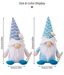 Detailed size chart for ocean-themed plush gnomes with knitted hats and shell accents
