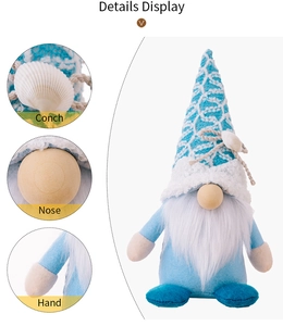 Macro display of ocean gnome plush showing shell details, wooden nose and soft beard texture