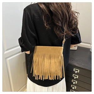 Detail of camel suede crossbody bag with long tassels shown from a back viewpoint