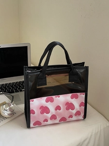 Women Casual Heart Print Semi Transparent PVC Tote Bag Fashion Large Capacity PU Shoulder Handbag With Zipper