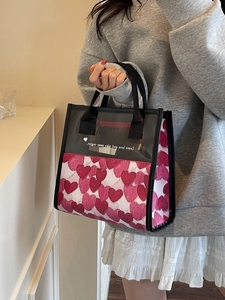 Pink heart print tote bag with transparent PVC panel and shoulder straps