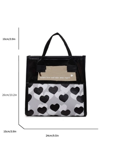 Translucent heart print tote bag with black mesh panels and spacious capacity