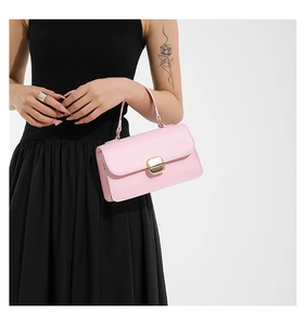 Close-up of pink rectangle crossbody bag with elegant golden metal lock and top handle