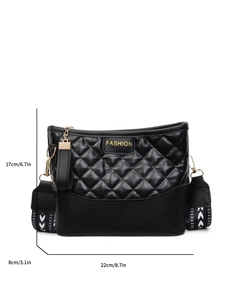 Black quilted crossbody bag with gold FASHION metal logo and patterned fabric strap