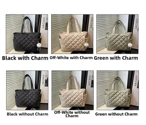 Detailed views of quilted tote bags in black, beige, and green with plush charms