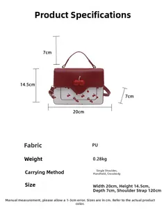 Detailed size chart of red cherry print PU leather bag showing 20x14.5x7cm dimensions