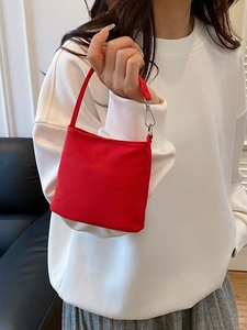 Red nylon handbag with enjoy full life embroidery and silver metal buckles for women