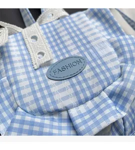 Detailed close-up of blue and white plaid bag with delicate white lace ruffles and embroidery