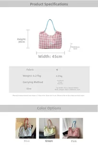 Detailed size chart and specifications for the large plaid canvas tote bag with dimensions