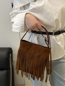 Brown suede fringe handbag for women, bohemian style shoulder bag with tassels