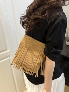 Minimalist brown suede fringe crossbody bag for women with elegant bohemian tassels