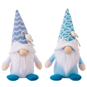 Summer ocean themed gnomes with knit hats and seashells for beach home decoration
