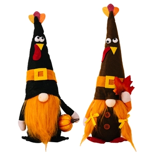 Zweiteiliges Set Thanksgiving-Zwerge mit Truthahnhut, Kürbis und Herbst-Ahornblatt