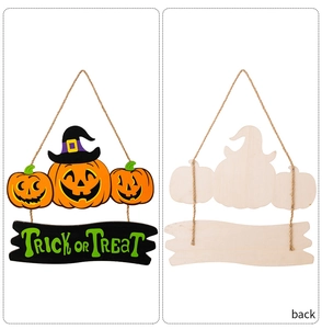 Front and back view of wooden Halloween pumpkin hanging decor with Trick or Treat sign