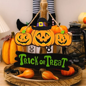Detailed Halloween decor featuring double-layer wooden tray with Trick or Treat pumpkin signs