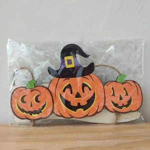Three-tiered Halloween wooden pumpkin hanging sign with wizard hat and jute rope